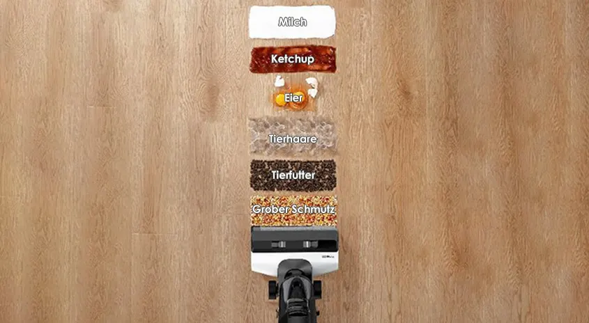 Ein Staubsauger auf einem Holzboden saugt Milch, Ketchup, Eier, Tierhaare, Tierfutter und groben Schmutz auf.