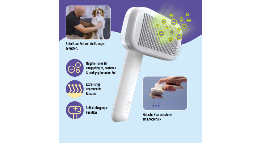 Weiße Haustierbürste mit extra-langen Borsten und Ionentechnologie, befreit Fell von Knoten und Verfilzungen, einfache Selbstreinigung per Knopfdruck.