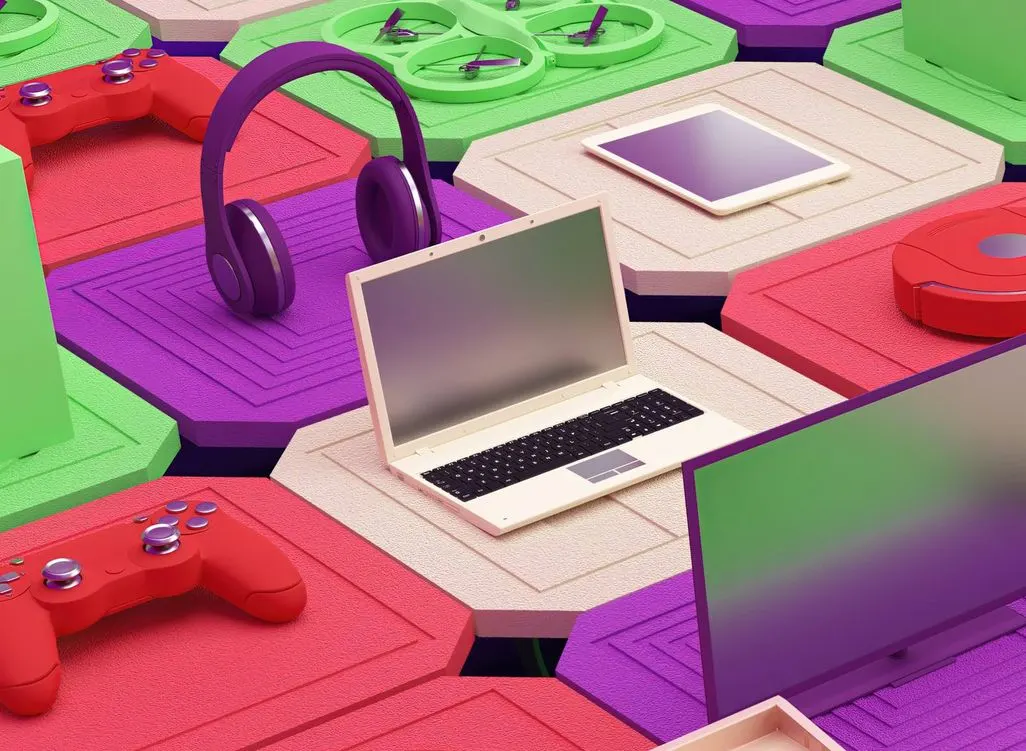 Beiger Laptop, lila Kopfhörer, roter Gamecontroller und weitere Geräte auf bunten, sechseckigen Plattformen.
