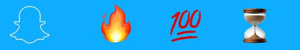 Snapchat Logo gefolgt von Flammen Emoji, 100 Emoji und Sanduhr auf blauem Hintergrund.
