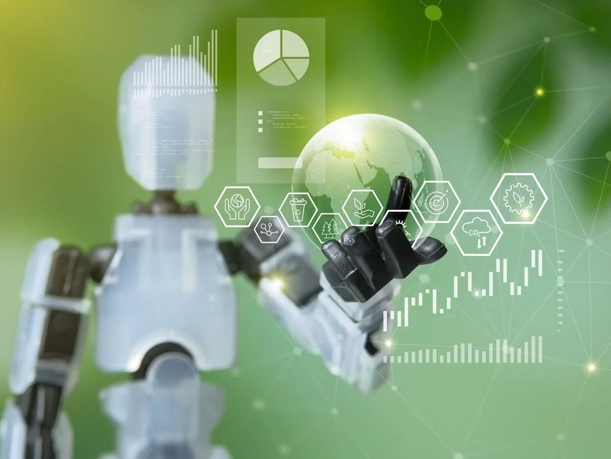 Ein künstlich generiertes Bild, das einen Roboter und Symbole zu Energiesparen zeigt