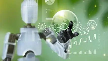 Ein künstlich generiertes Bild, das einen Roboter und Symbole zu Energiesparen zeigt
