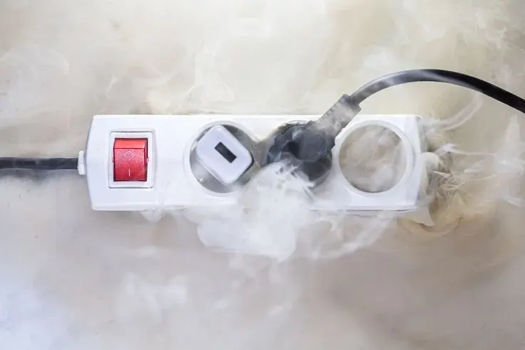 Qualmender Mehrfachstecker mit eingestecktem Stromadapter und Kabel.