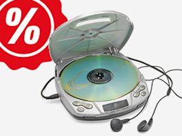 Angebotsgrafik mit rotem Prozent-Symbol, im Vordergrund ein CD-Player mit angesteckten Kopfhörern