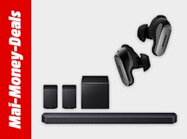 Soundbar mit Lautsprechern, Subwoofer und kabellosen Ohrhörern, schwarz