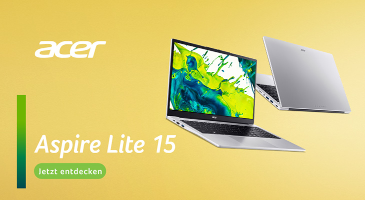 Zwei Acer Aspire Lite 15 Laptops auf gelbem Hintergrund mit dem Text „Aspire Lite 15 – Jetzt entdecken.