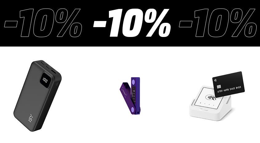 Banner mit -10 % Rabatt Telekom-Zubehör: schwarze Powerbank mit Display, lila Hardware-Wallet und weißes Kartenlesegerät.