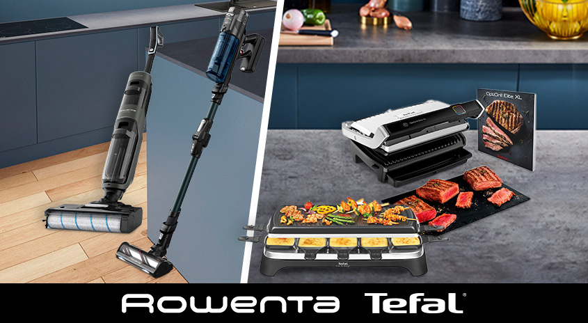 Staubsauger und Grills von Rowenta und Tefal in einer Küche.