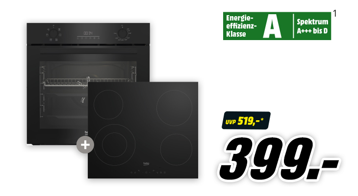 Schwarzes Einbau-Backofen-Set mit passendem Glaskeramik-Kochfeld, Energieeffizienzklasse A, statt UVP 519 Euro jetzt für 399 Euro.
