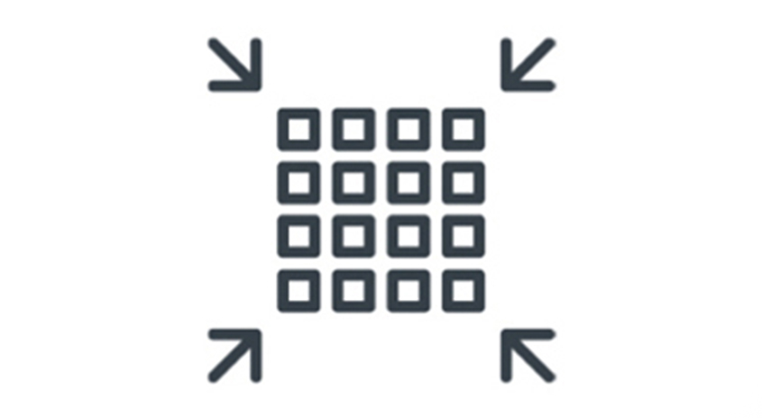 Dunkelgraues Symbol auf Weiß: Eine quadratische Matrix aus 16 Quadraten mit vier nach innen zeigenden Pfeilen an den Ecken.