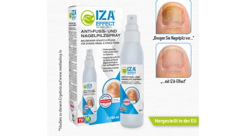 Anti-Fuß- und Nagelpilzspray von IZA Effect, zeigt Vorher-Nachher-Bilder eines Nagels, verbessert das Nagelbild, hergestellt in der EU.