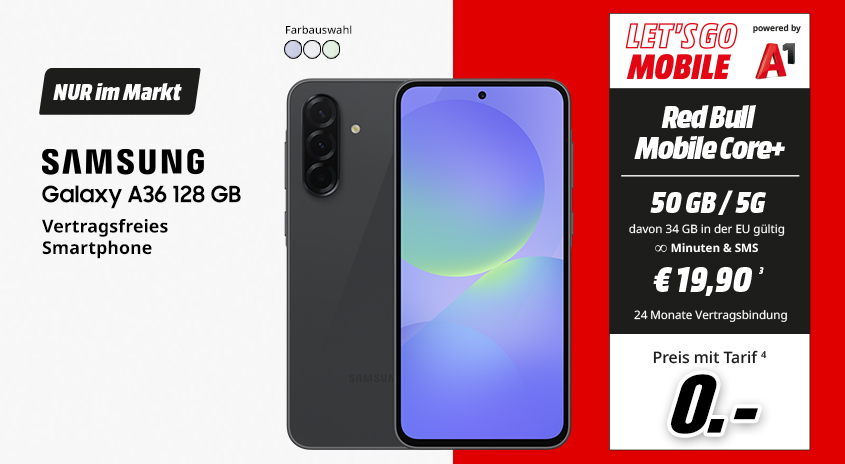 Samsung A36, 128 GB, verschiedene Farben, vertragsfrei im Markt, mit Red Bull MOBILE Core+ Tarif um  € 0,-