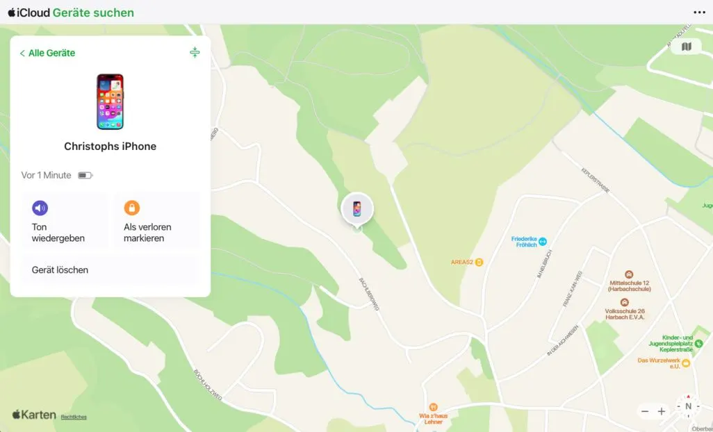 Screeenshot der iCloud Funktion Gerät suchen mit Standort eines iPhones auf ein einer Karte.