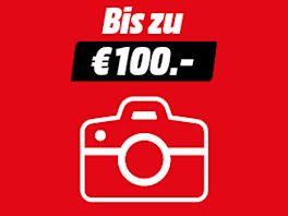 Roter Hintergrund mit Text: Bis zu € 100,-. Darunter ein Iconbild von einer Kamera.