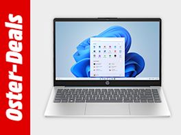 Bild mit grauem Hintergrund. Links davon steht "Oster-Deals" in weißer Schrift vor rotem Hintergrund. Rechts davon ein Notebook