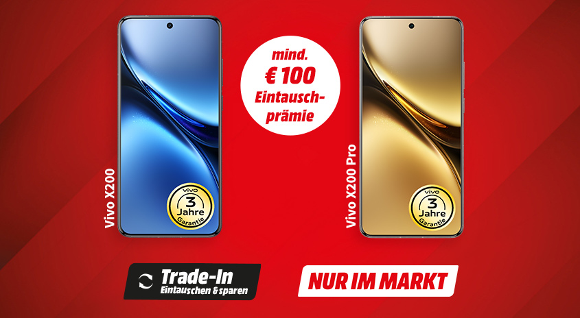 Zwei Vivo-Smartphones, X200 und X200 Pro, mit blauen und goldenen Displays auf rotem Hintergrund. Angebot: 100€ Eintauschprämie.