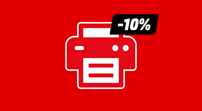 Bild mit rotem Hintergrund. Darauf ist ein weißes Piktogramm eines Druckers zu sehen mit einem Einklinker mit dem Text: -10%.