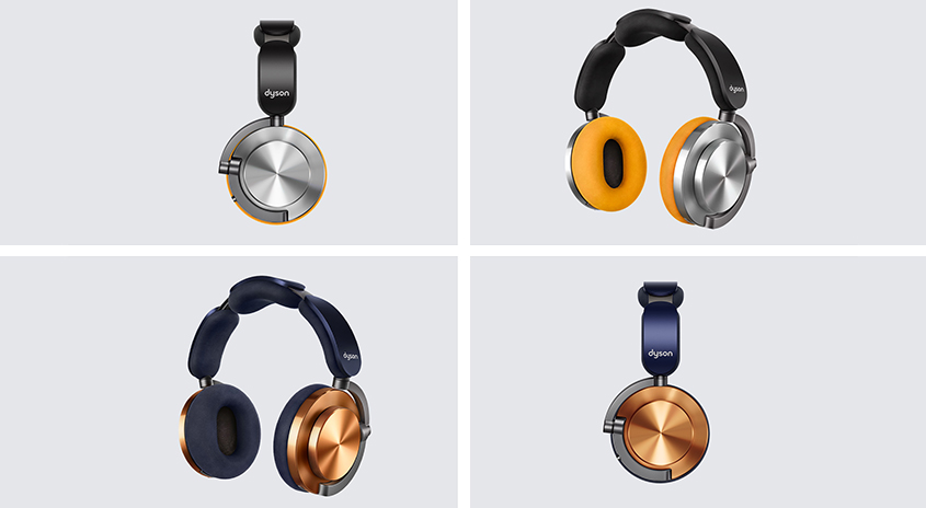Vier Dyson-Kopfhörer in Silber, Orange, Blau und Kupfer auf einem hellgrauen Hintergrund, die verschiedene Designs zeigen.