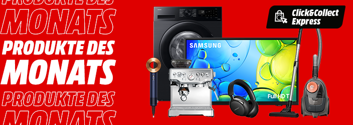 Werbebanner mit verschiedenen Elektronikgeräten auf rotem Hintergrund, darunter eine schwarze Waschmaschine, ein Samsung Full HD Monitor, eine Espressomaschine, schwarze Kopfhörer und ein Staubsauger. Oben rechts ist das Click&Collect Express Logo zu sehen