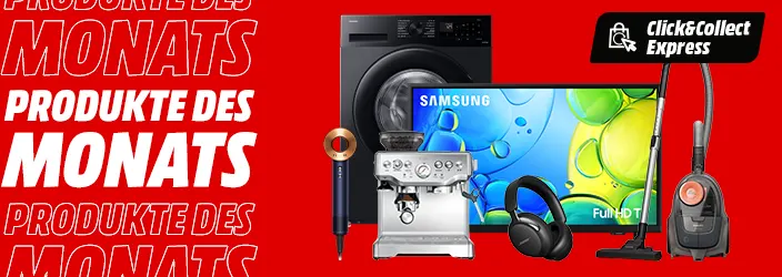 Werbebanner mit verschiedenen Elektronikgeräten auf rotem Hintergrund, darunter eine schwarze Waschmaschine, ein Samsung Full HD Monitor, eine Espressomaschine, schwarze Kopfhörer und ein Staubsauger. Oben rechts ist das Click&Collect Express Logo zu sehen