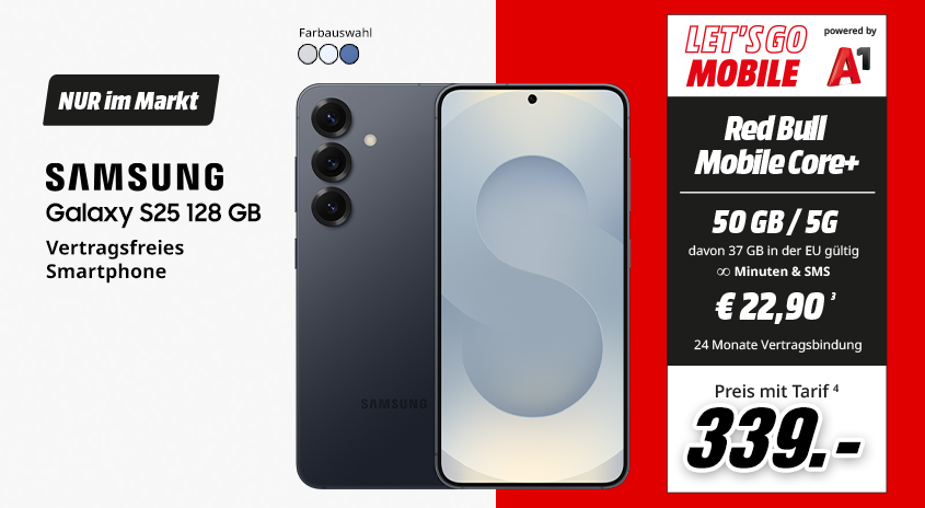 Samsung Galaxy S25, 128 GB, verschiedene Farben, vertragsfrei im Markt, mit Let's Go Mobile powered by A1 Red Bull MOBILE Core+ Tarif um  € 339,-