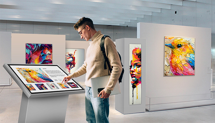 Junger Mann mit Brille, Pullover und Rucksack steht in einer hellen, modernen Kunstgalerie und bedient ein großes interaktives Touchscreen-Terminal von iiyama, während er einen Laptop hält; bunte, expressionistische Gemälde hängen an weißen Wänden und Stellwänden.