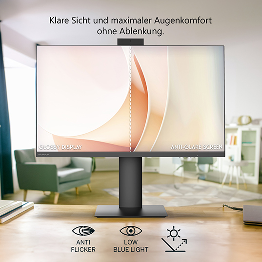 Ein schwarzer Monitor steht auf einem Holztisch. Hinter dem Monitor befinden sich ein Stuhl und ein Regal. Symbole für Anti-Flicker und Blaulichtfilter sind zu sehen.