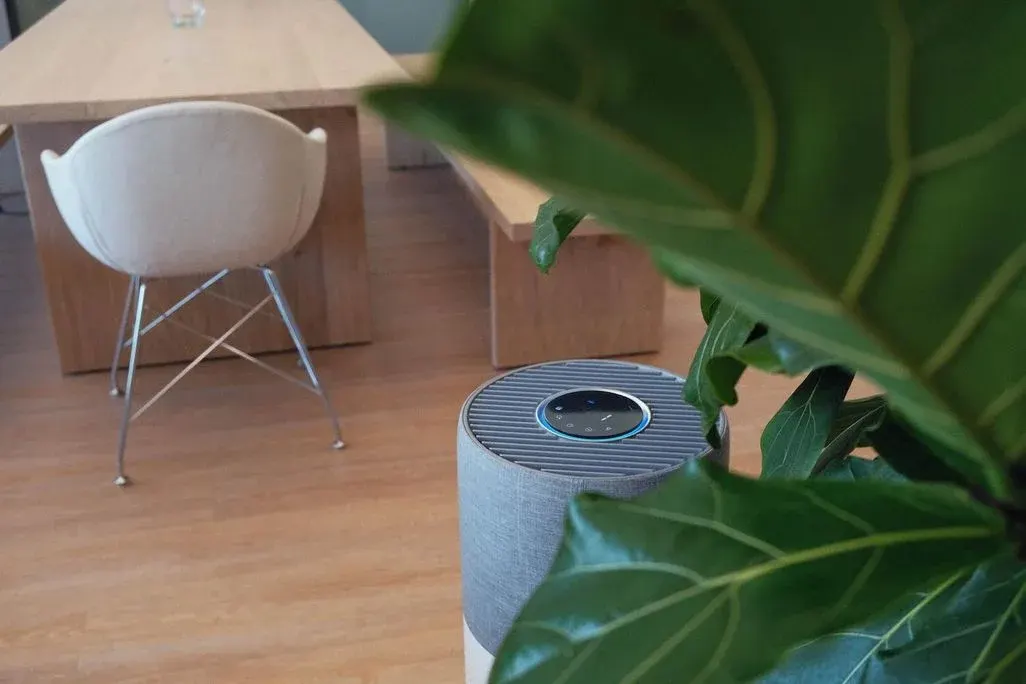 Moderner Luftreiniger mit rundem Bedienfeld steht neben einer großen Zimmerpflanze in einem hellen Raum mit Holztisch und weißem Stuhl.