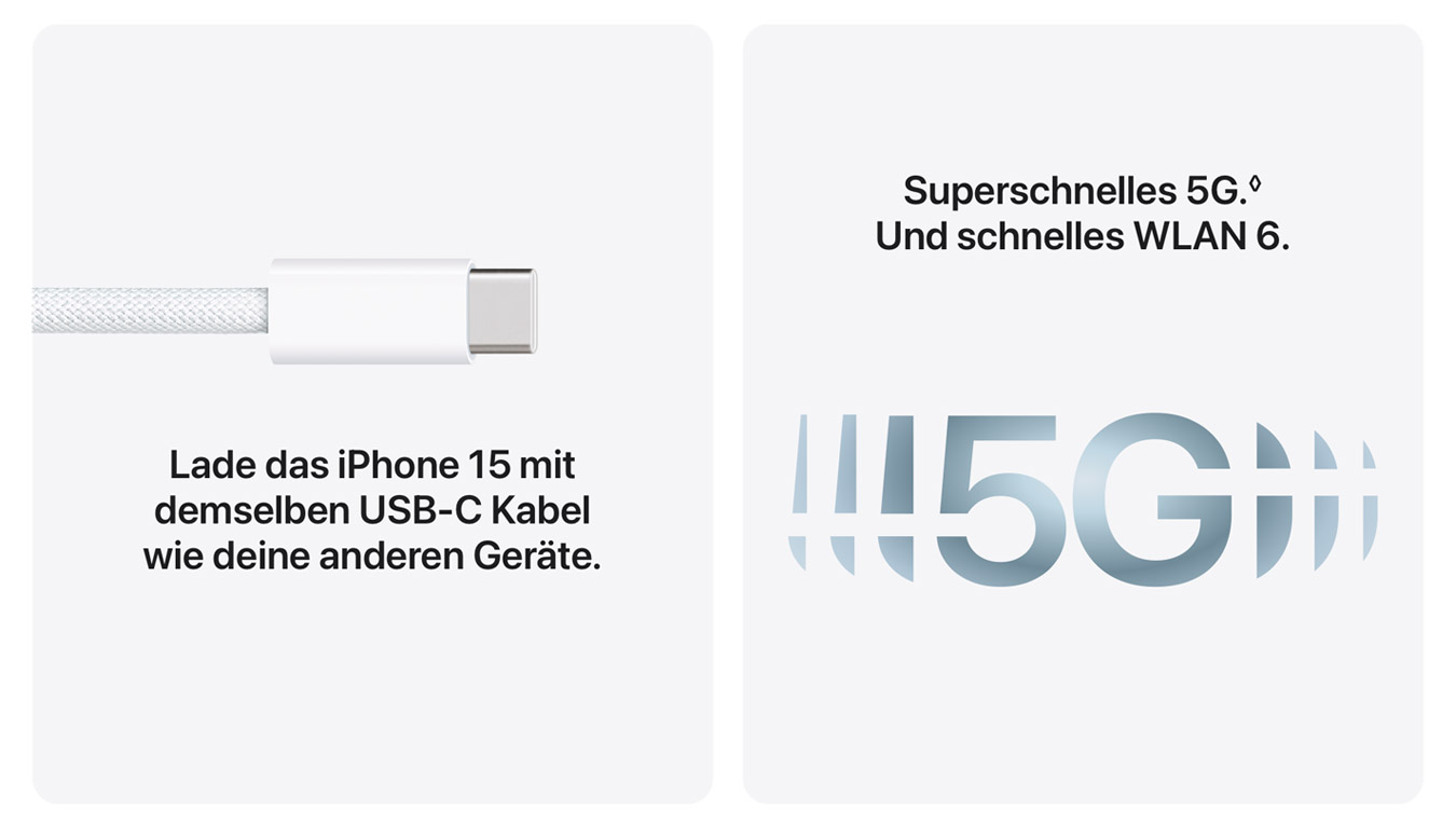 Lade das iPhone 15 mit demselben USB-C Kabel wie deine anderen Geräte. — Superschnelles 5G.◊ Und schnelles WLAN 6.