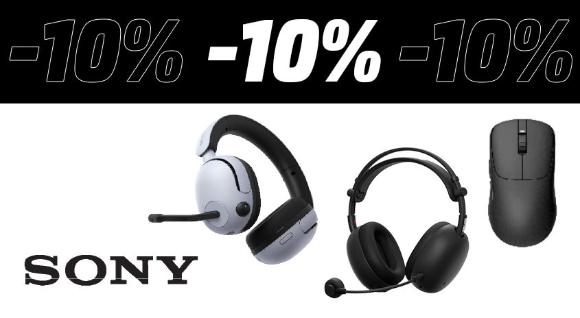 Bild mit weiß-schwarzem Hintergrund. Oben im schwarzen Bereich steht "-10%, darunter ist links das Logo von Sony und rechts davon zwei Gaming-Kopfhörer und eine Gaming-Maus.