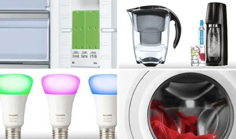 En haut : intérieur de réfrigérateur et carafe filtrante avec machine à eau gazeuse. En bas : ampoules Philips Hue colorées et lave-linge. Marque : Philips.
