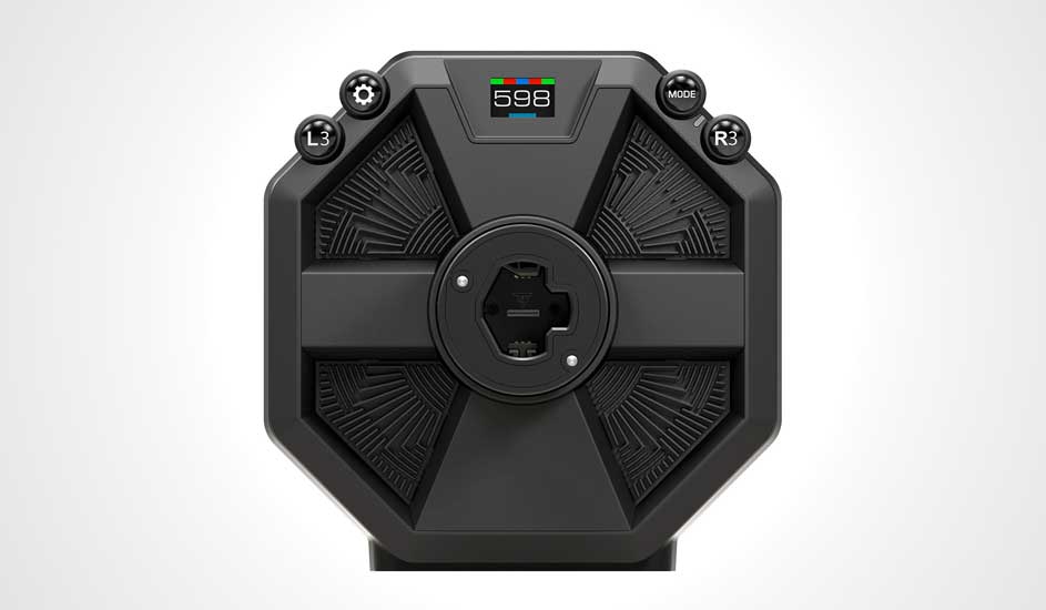 Gros plan d'un appareil noir octogonal avec écran numérique "598", boutons L3, R3 et Mode, sur fond blanc.