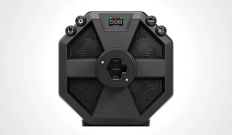 Gros plan d'un appareil noir octogonal avec écran numérique "598", boutons L3, R3 et Mode, sur fond blanc.