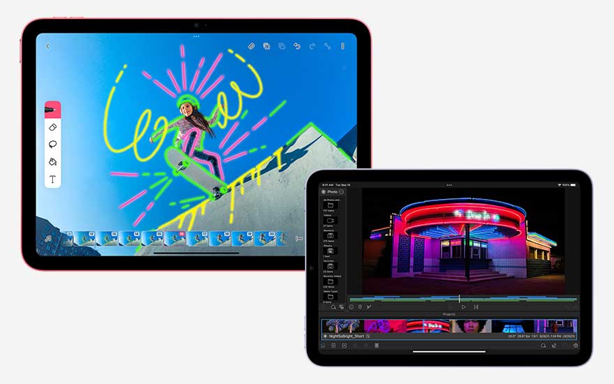 Deux tablettes affichent un logiciel d'édition. L'une présente un dessin numérique lumineux, l'autre une séquence vidéo d'un bâtiment éclairé.