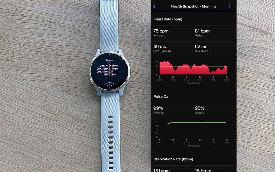 Une montre intelligente bleu clair affiche des données de santé. Un écran de smartphone à côté affiche des graphiques de fréquence cardiaque.