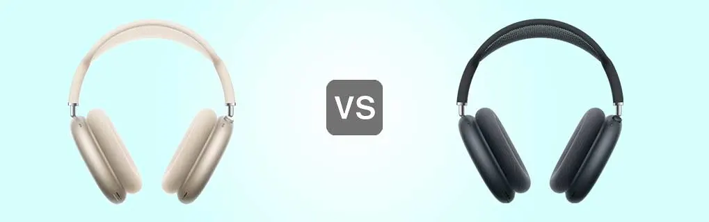 Twee over-ear hoofdtelefoons staan tegenover elkaar op een lichte achtergrond, één in beige, één in donkergrijs, gescheiden door een groot “VS”-pictogram.