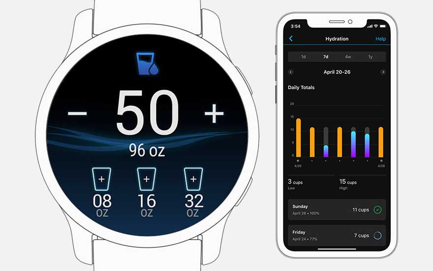 Montre blanche et smartphone affichant une application d'hydratation, avec des données quotidiennes et des options de suivi.