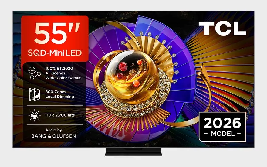 Un téléviseur TCL 55 pouces SQD Mini LED affiche une scène artistique or et violet, avec spécifications et label 2026.