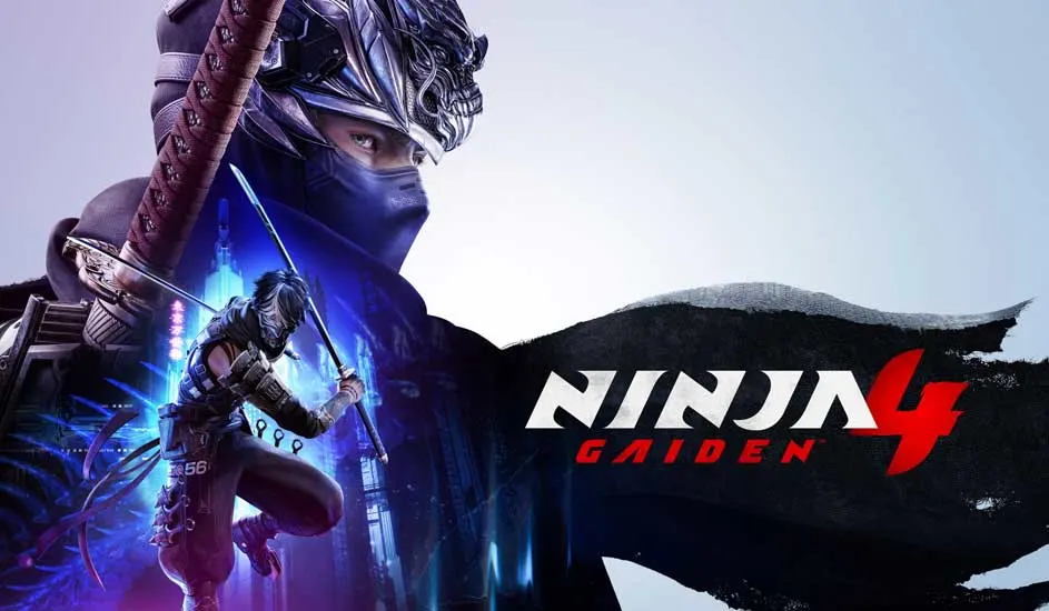 Image promotionnelle de ‘Ninja Gaiden 4’ avec un ninja masqué, le logo du jeu et une ville éclairée en fond.