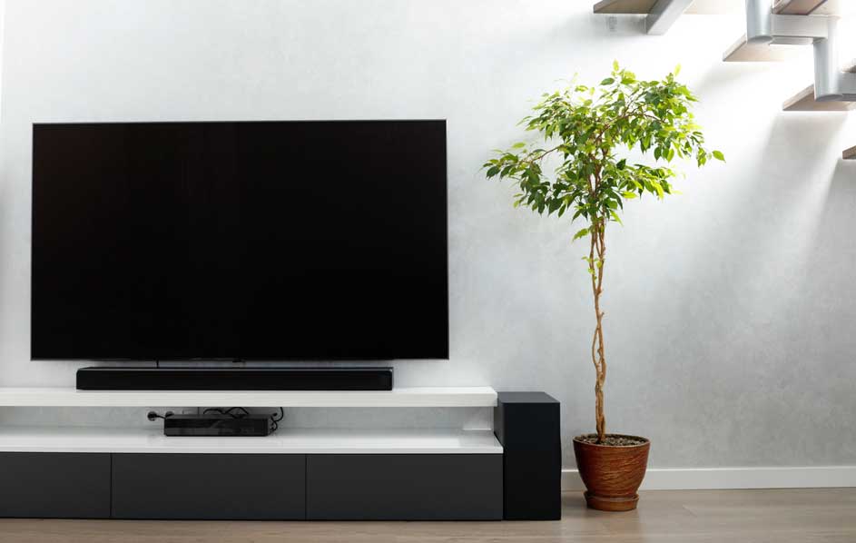 Een zwarte tv staat op een wit en zwart tv-meubel naast een groene plant in een bruine pot. Trap op de achtergrond.