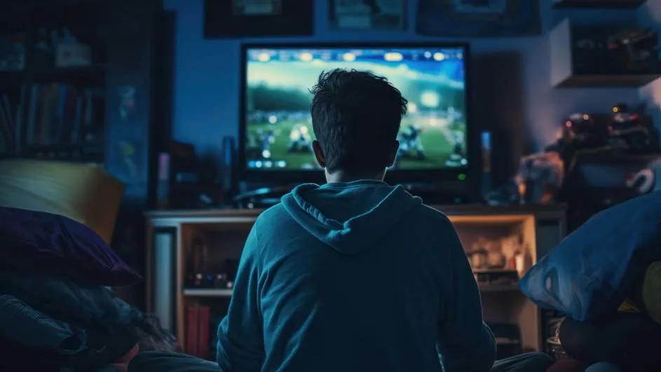 Een persoon in een blauwe hoodie kijkt naar een tv-scherm in een donkere kamer. Op de achtergrond staan boeken en decoraties.