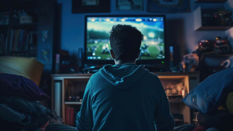 Un écran de télévision affiche un jeu dans une pièce sombre. Des étagères et des coussins sont visibles.