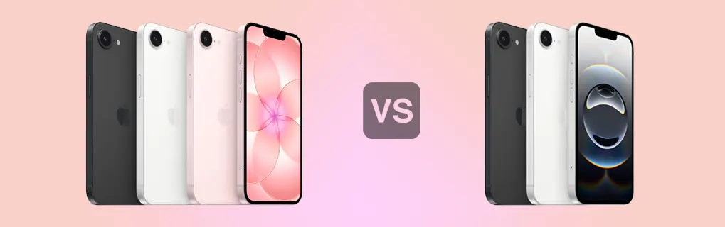 À gauche, trois iPhone colorés et un plus grand; à droite, trois iPhone récents, séparés par une icône VS sur fond rose.