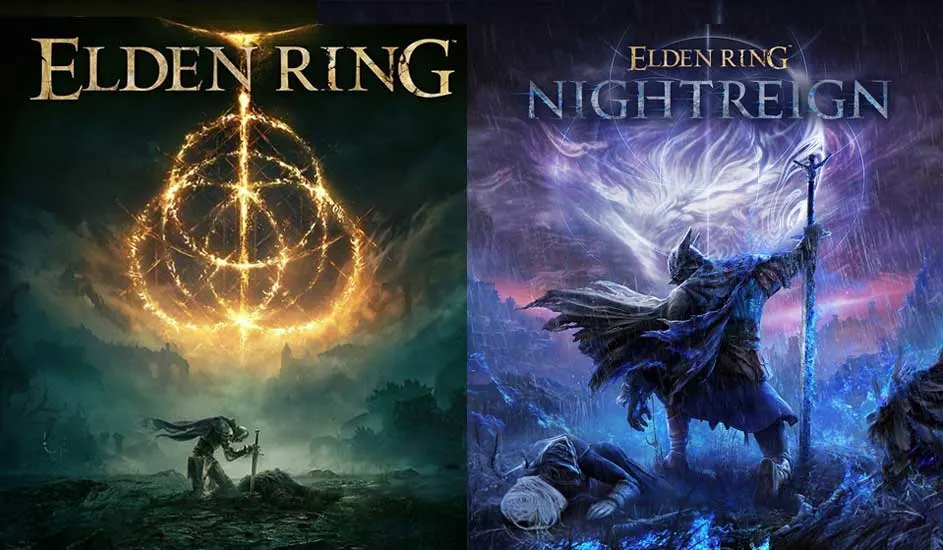 Twee gamecovers "Elden Ring": links goudkleurige ring, rechts blauwe nachtscène met figuur en staf.