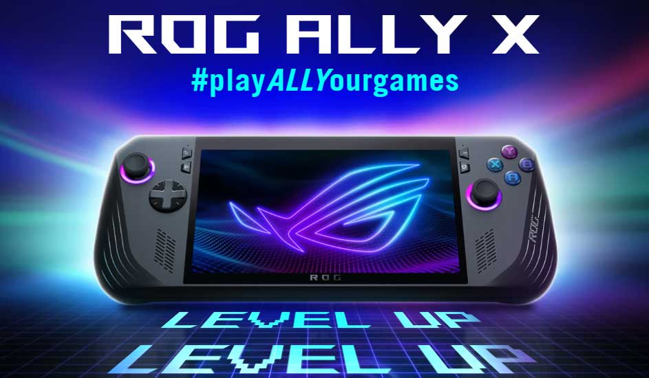 Visuel promotionnel de la console portable ROG Ally X, avec des effets lumineux et le slogan ‘LEVEL UP’ en bas.