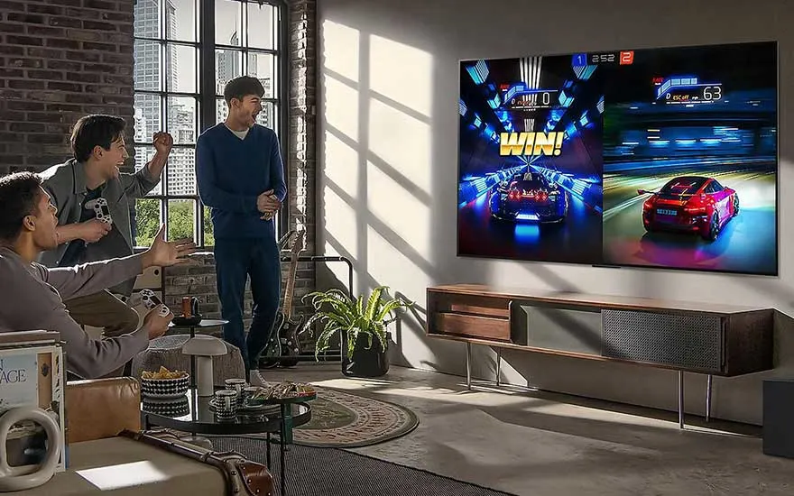 Woonkamer met tv waarop een racespel te zien is, een houten tv-meubel, een plant, een raam en een rond vloerkleed.