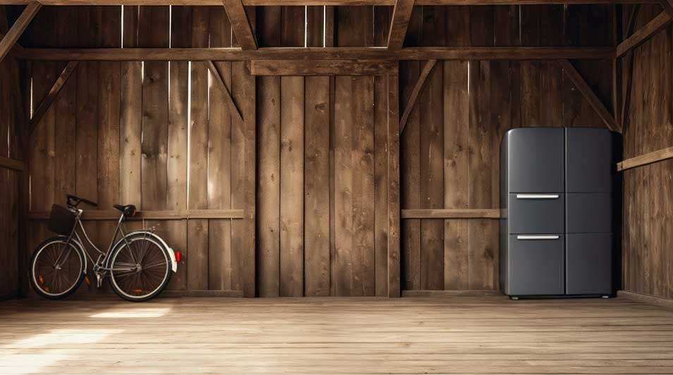 Un vélo et un réfrigérateur gris dans une grange en bois avec porte coulissante et plancher en bois.