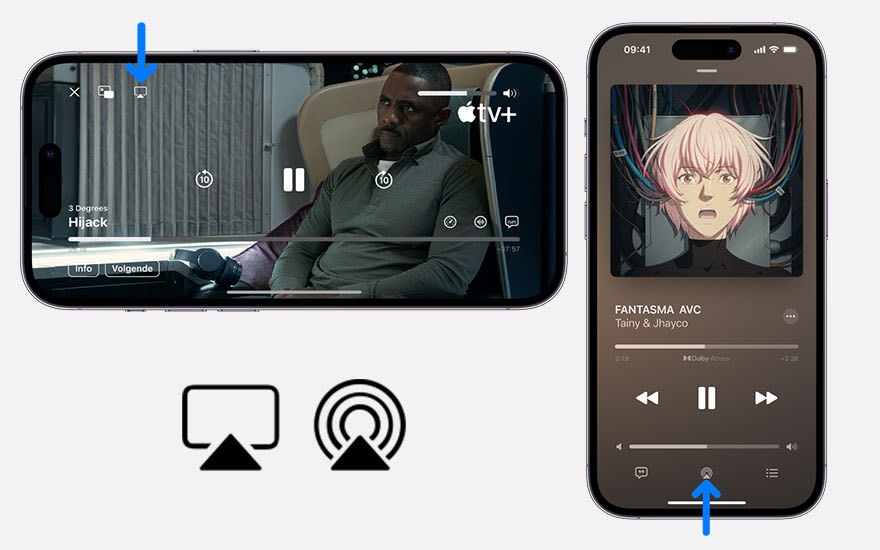 Twee iPhones tonen video's. Links een film, rechts muziek met een anime-afbeelding. Cast-symbolen staan onder de telefoons.