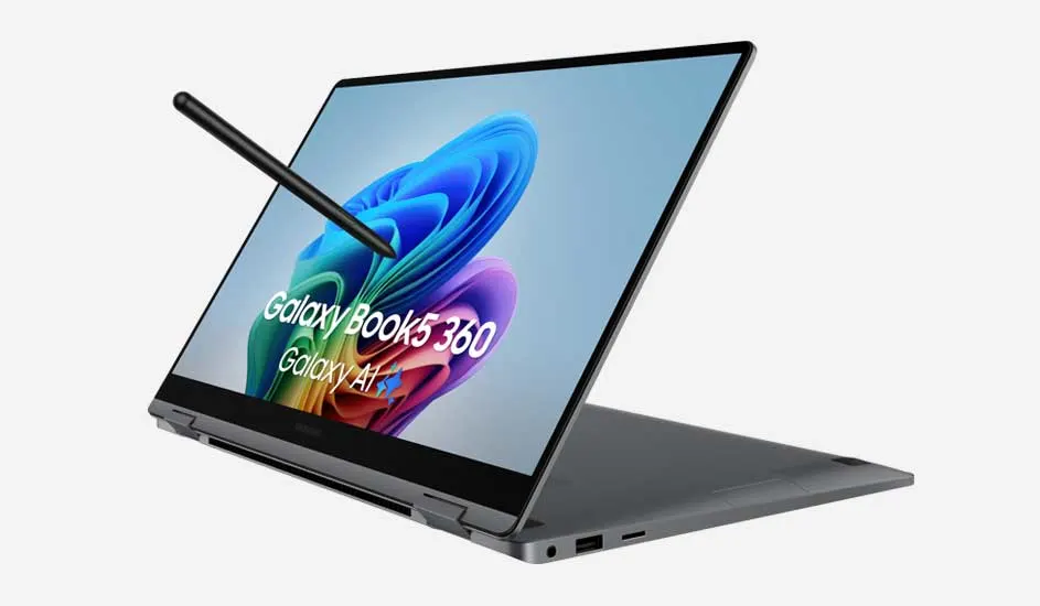 Een grijze laptop met een blauw en paars scherm op een witte achtergrond. Een zwarte stylus rust op het scherm.