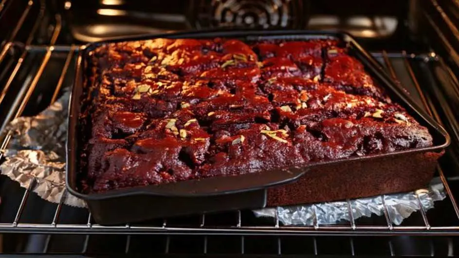 Un gâteau au chocolat dans un plat de cuisson noir, sur une grille de four avec du papier aluminium.